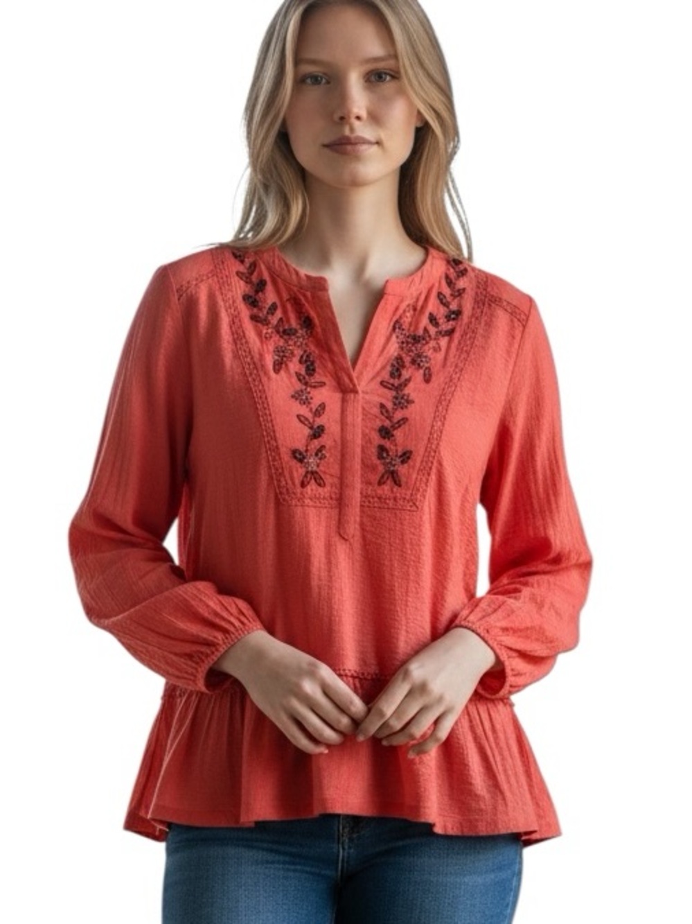 VINTAGE AMERICA: Long Sleeve Beaded Peplum Blouse - Size XL